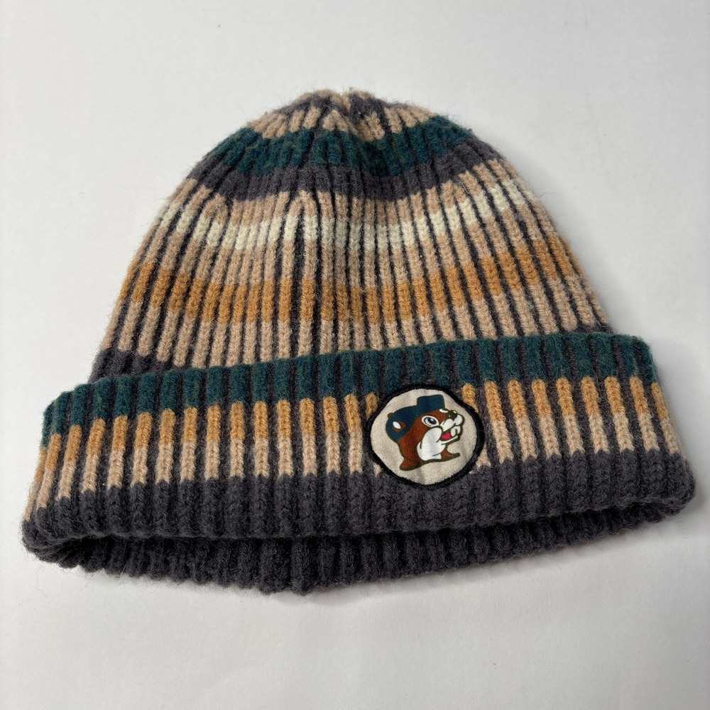 Buc-ee's Striped Knit Beanie Hat Grey Tan Green Beaver Logo 303-F24-008045